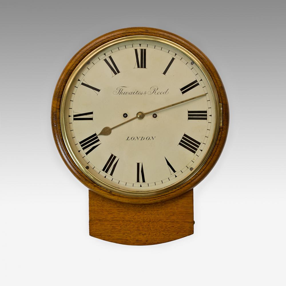 Oak cased twin fusee dropdial clock by Thwaites and Reed Antique Clocks
